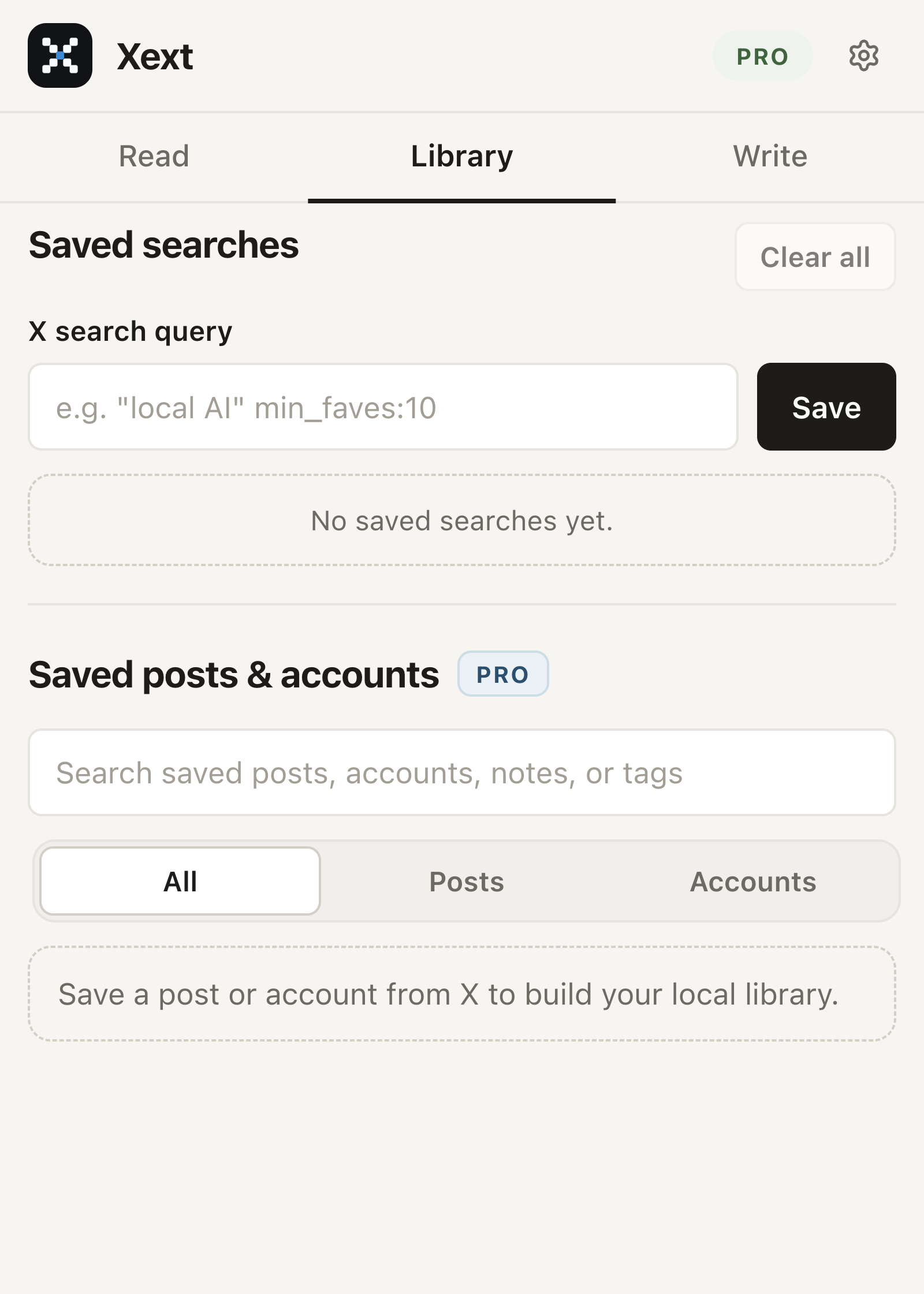 Xext popup on the Library tab, with local saved searches, posts, and accounts